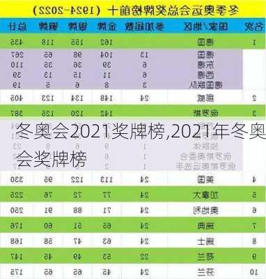 冬奥会2021奖牌榜,2021年冬奥会奖牌榜
