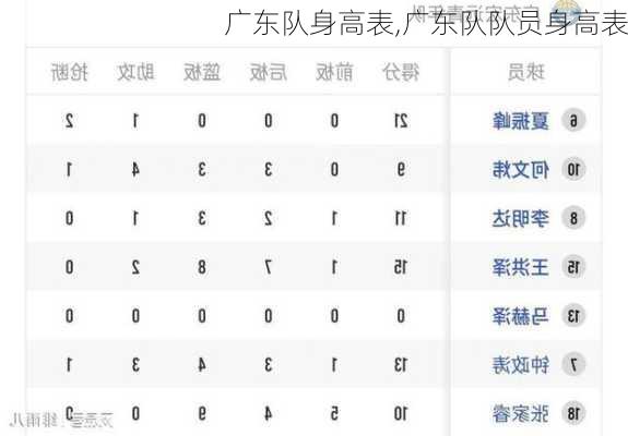 广东队身高表,广东队队员身高表